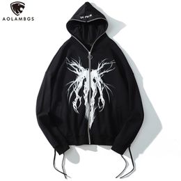 Heren Hoodies Sweatshirts Aolamegs Punk Grafische afdruk Zipper Ribbon Hoodie Hoodie Men Casual Black Cool Oversize Coat Fashion Sweatshirt Streetwear Autumn 220919