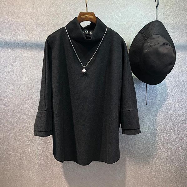 Sudaderas con capucha para hombre, otoño e invierno, personalidad oscura, dobladillo con abertura, cuello alto corto, tendencia, negro, ajustado, suelto, salvaje, base para hombre