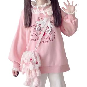 Sweats à capuche pour hommes Sweatshirts Automne Femmes Dentelle Cou Mignon Sweats À Capuche Harajuku Kawaii Sweat Lolita Fille Rose Pull Agneau Et Bonbons Broderie Sudadera 231205