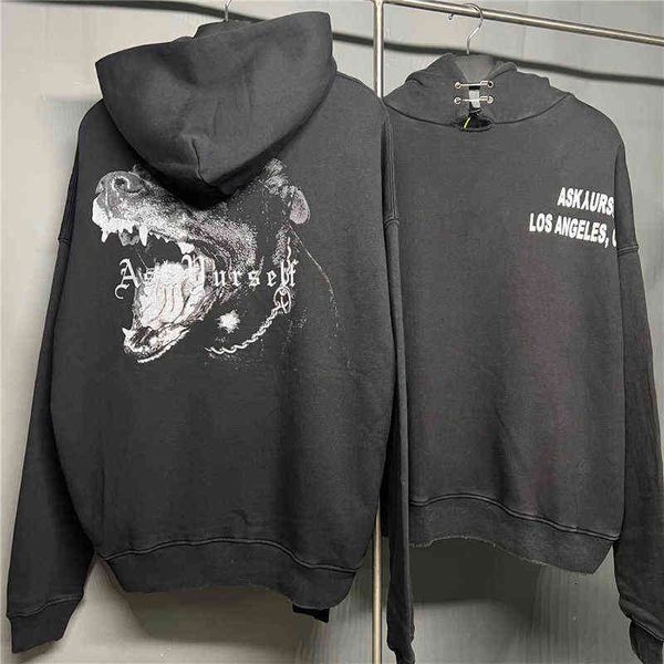 Sweats à capuche pour hommes Sweats Big Dog Print ASKYURSELF Sweat à capuche Homme Femme Tissu lourd Vintage Hole Damange Burr Pin Décolleté Pull à capuche Noir T220901