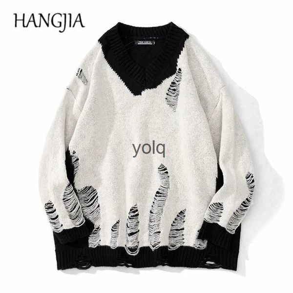 Felpe con cappuccio da uomo Felpe Bla Bianco Patchwork Pullover Maglioni Lavati Maglioni strappati asciugati da uomo Harajuku Maglioni lavorati a maglia per le donne Oversizeyolq