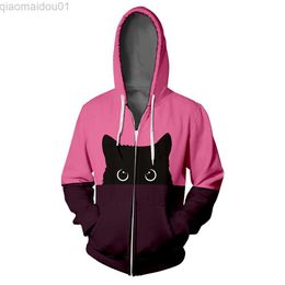 Heren Hoodies Sweatshirts Zwarte Kat Rits Hoodie Hip Hop Roze Paars Splice Kleur Vrouw 3D Hooded Bluza Damska Kut Rits Sweatshirt Mannen Jas Jas L230721