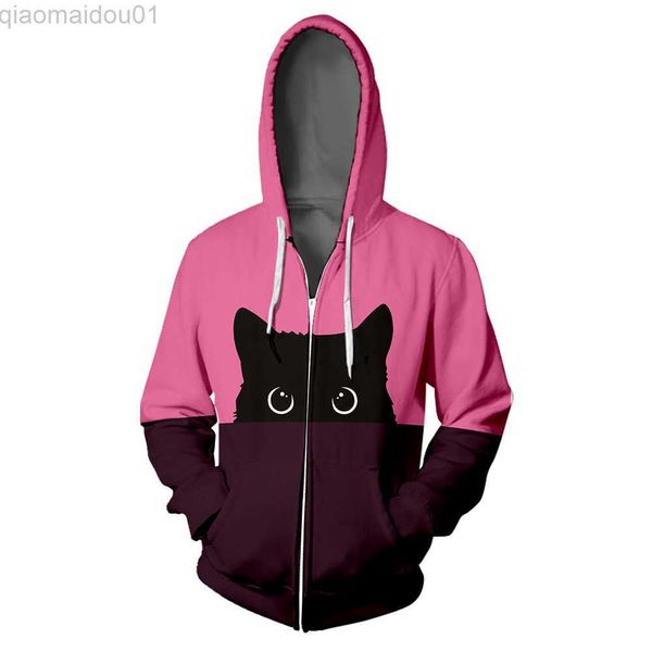 Sweats à capuche pour hommes Sweats Black Cat Zipper Hoodie Hip Hop Rose Violet Splice Couleur Femme 3D Hooded bluza damska Pussy Zipper Sweat Hommes Veste Manteau L230721