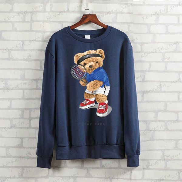 Sweats à capuche pour hommes Sweatshirts BLINGPAW Teddy Bear Tennis Play Hard Imprimé Unisexe Sweat-shirt à col rond Mélange lourd Col rond Lâche Manches longues Vêtements d'automne T240126