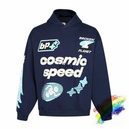 Heren Hoodies Sweatshirts Blauw Cosmic Speed Puff Print BROKEN PLANET Hoodie Heren Dames Hoge kwaliteit Truien Oversize Hoodyolq