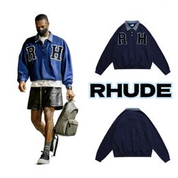 Sweats à capuche pour hommes Sweatshirts Bleu RHUDE Sweat-shirt pour femmes de haute qualité 1 lettre Patch broderie Vintage Patchwork pull à l'intérieur de l'étiquette 230825