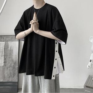 Sudaderas con capucha para hombre, sudaderas con botones y abertura lateral para hombre, ropa de calle de manga corta con cuello redondo liso, camiseta holgada de moda de verano 2022, camiseta informal Harajuku