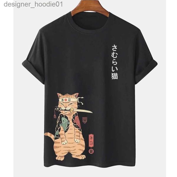 Sudaderas con capucha masculinas sudaderas animales anime sarai gato estampado para hombre camiseta al aire libre hip-hop harajuku retro retro camiseta de manga corta de manga corta c240412