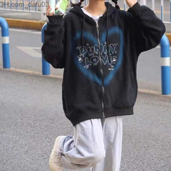 Sweats à capuche pour hommes Pulls de bande dessinée ours imprimé pull automatique Harajuku Punk Y2K Hip Hop Street Graffiti imprimé coeur lettre femmes Zipper Hoodie Z230802