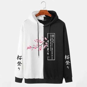 Sweats à capuche masculine Charmkpr 2023 Fashion de style japonais Sakura Pull imprimé Sweater Casual Two Tone Patch Work Sweat Sweat Sweat S-2XL Q240506