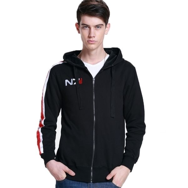 Sudaderas con capucha para hombre Cosplay N7 Mass Effect Zip Up Sudadera con capucha Hombre Negro Anime Sudadera con capucha Mujer Embordery Fleece Grueso Cálido Sweetshirt Streetwear 220929