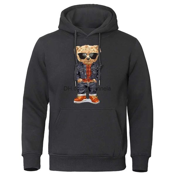 Sudaderas con capucha para hombre Sudaderas Vaquero Oso de peluche con las manos en bolsillos Sudadera con capucha para hombre Estampado lindo Ropa deportiva Hip Hop Street Sudadera con capucha Bolsillo suelto Sudadera polar T240217