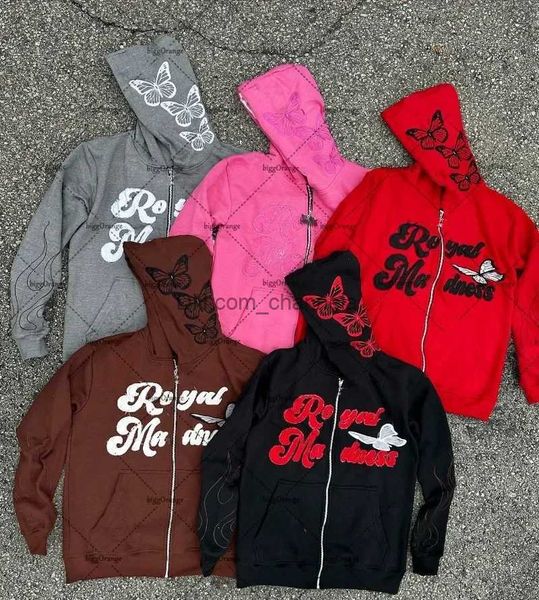 Sudaderas con capucha para hombre Sudaderas con estampado de letras de mariposa linda sudadera con capucha para mujer 2023 Otoño Invierno retro coreano Harajuku casual con cremallera con capucha para mujer T240217