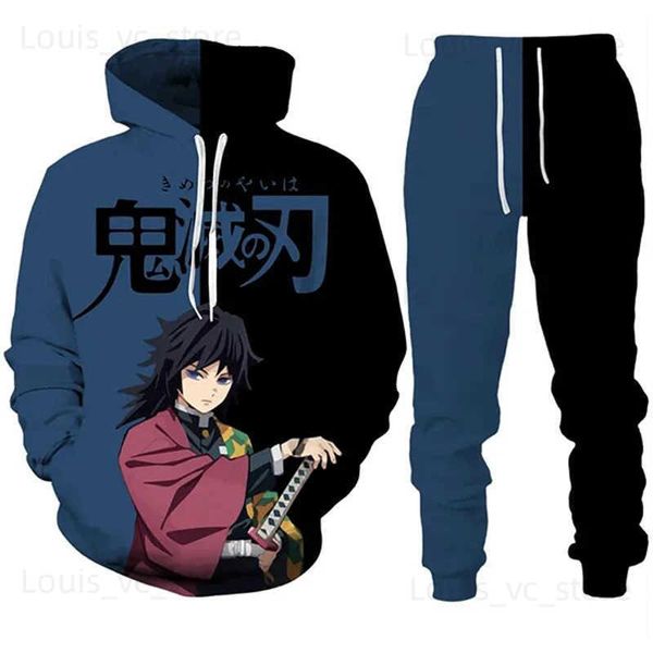 Sudaderas para hombres sudaderas sudaderas con sudadera con capucha con sudadera con capucha de demonio kimetsu no yaiba sets de chándal para hombres anime 3D sudaderas y pantalones de moda