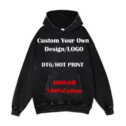 Sweats à capuche pour hommes Sweatshirts DIY Custom Your DTG Hot Print Washed Sweat à capuche Hommes Streetwear Rétro Vintage Graphique Pull à capuche Coton HipHop 230914