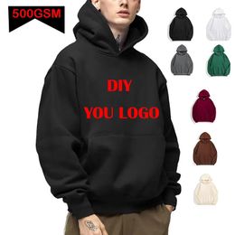 Sweats à capuche pour hommes DIY personnalisé votre marque 500GSM poids lourd automne hiver décontracté épais coton hommes haut couleur unie sweat à capuche 231129