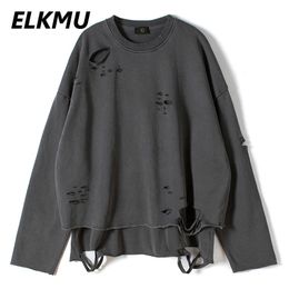 Sweats à capuche pour hommes Sweatshirts ELKMU Vintage Streetwear trou sweat hommes mode automne pull couleur unie Harajuku couverture en coton décontracté lâche HM561 231130