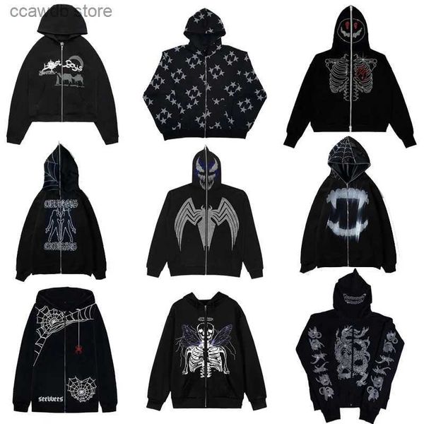 Sweats à capuche pour hommes Sweatshirts Mode Vente chaude Strass Toile d'araignée Squelette Imprimé Noir Y2k Goth Manches longues Sweats à capuche zippés Veste surdimensionnée Sweats à capuche T240110