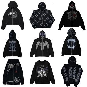 Sweats à capuche pour hommes Sweats à capuche à la mode Strass Toile d'araignée Squelette Imprimé Noir Y2k Goth Manches longues Sweats à capuche zippés Veste surdimensionnée Sweats à capuche 230928