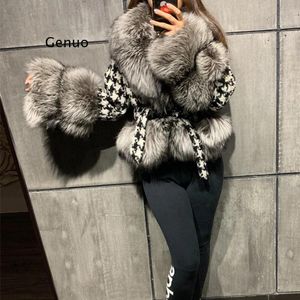 Heren Hoodies Sweatshirts Nepbontkraag Jas Mode Stropdas Riem Taille Jassen Elegant Slank Houndstooth Korte Vrouwelijke Dames Abrigo 230915