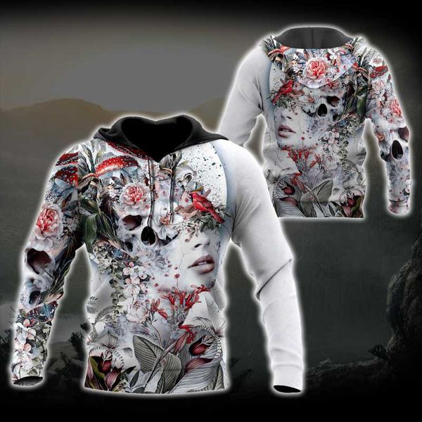 Sweats à capuche pour hommes Sweatshirts Flower N Girl Tattoo Skull 3D Imprimé Art Automne Mode Sweat à capuche Unisexe Casual Streetwear Zip Sports Surdimensionné Pu