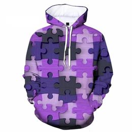 Sweats à capuche pour hommes Sweatshirts Funny Jigsaw Design Graphique Coloré Puzzle 3D Sweat à capuche imprimé pour hommes Vêtements Épissage Joint Boy Survêtement Y2k Tops 231219
