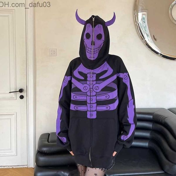 Sudaderas con capucha para hombre Sudaderas con capucha con estampado de esquina de monstruo de calavera divertida Sudadera con capucha suelta de dibujos animados de moda de calle para mujer Chaqueta de pareja Z230802