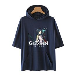 Sweats à capuche pour hommes Sweatshirts Jeu Genshin Impact Imprimer T-shirt en coton court Hommes Femmes Pull Tees Harajuku Survêtement surdimensionnéMen's