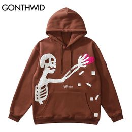 Heren hoodies sweatshirts GONTHWID hiphop streetwear hoodie sweatshirt skelet patch fleece capuchon heren harajuku winter katoenen trui bruin 221119