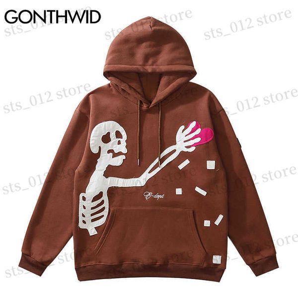 Sweats à capuche pour hommes GONTHWID Hip Hop Streetwear Sweat à capuche Skeleton Patch Fleece Hooded 2023 Mens Harajuku Winter Cotton Pullover Brown T230512