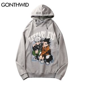 Heren Hoodies Sweatshirts Gonthwid Mens Streetwear Hoodie Hip Hop Sweatshirt Japanese anime Cartoon Print Harajuku Cotton Pullover Black 220826