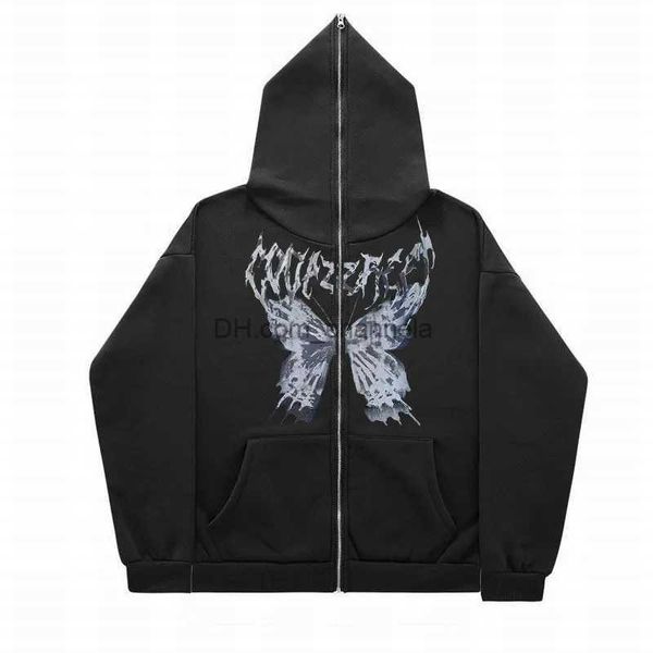 Sudaderas con capucha para hombre Sudaderas Góticas Ins Alas de mariposa Y2K Cara completa con cremallera Sudaderas con capucha para mujer Sudadera unisex de gran tamaño Harajuk High Street Streetwear Tops T240217