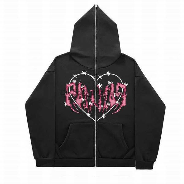 Sweats à capuche masculine Sweatshirts Graffiti Heart Gothic Y2K Full Face Zip Up Womens Sweetshirt Unisex Unisexe Overs Inner Fleece High Street Streetwear Tops T240217