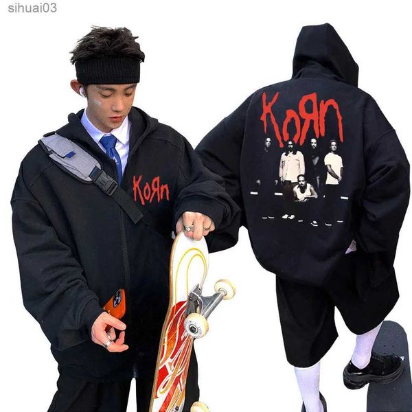 Sudaderas con capucha para hombre Sudaderas Gran banda de rock retro Korn sudadera con capucha con cremallera estampada para hombre chaqueta casual de algodón de gran tamaño unisex sudadera con capucha retro con cremallera de moda L2403