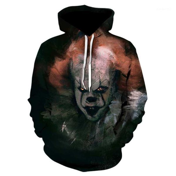 Sudaderas con capucha para hombre Halloween Payaso de terror Pennywise Hombres Sudadera con capucha Bolsillo Ropa informal con capucha 3D Tamaño europeo y americano Jersey