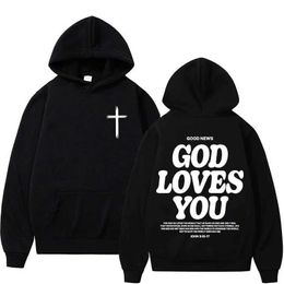 Sudaderas para hombres sudaderas sudaderas Harajuku Estética cristiana Jesús Iglesia Bíblica Biblia Verso Dios te ama la sudadera con capucha Retro Sportswear Y2K Q240506