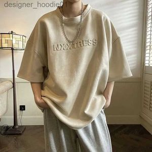 Heren Hoodies Sweatshirts zware Amerikaanse suede korte mouwen T-shirt retro heren losse half mouwen trendy een vijfde spleet T-shirt Y2K Top C240412