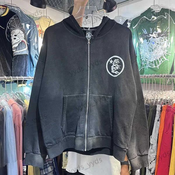 Sudaderas con capucha para hombre Sudaderas Hellstar Vintage Wash Cremallera negra Frente y espalda Estampado gráfico High Street 1 1 Sudadera con capucha suelta para hombres y mujeres T231123