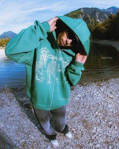 Sweats à capuche pour hommes Sweatshirts de haute qualité Pull vert à capuche lettre Imprimer Zipper American Retro Streetwear Y2k Vêtements Hip Hop Sweatshirts Loose Coat T230921