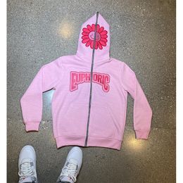 Heren Hoodies Sweatshirts Hight Street Heren Pink Sunflower Print Zipper Hoodie Punk Fashion Y2K Jacket Oversized Streetwear Gothic Losse hoogwaardige top 230816