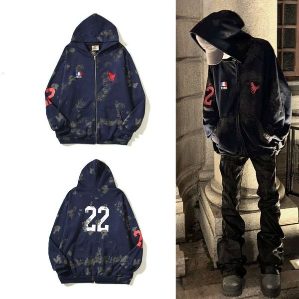 Sudaderas con capucha para hombre Sudaderas Hip Hop Bordado Bandera nacional Caballo de guerra Industria pesada Teñido de barro Lavado con agua usado Abrigo con capucha con cremallera