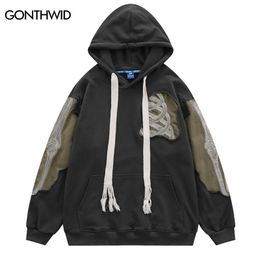 Sweats à capuche pour hommes Sweatshirts Hip Hop Hommes Sweat à capuche Y2K Broderie Squelette Crâne Patch Punk Gothique À Capuche Streetwear Harajuku Casual Street Pull 230313