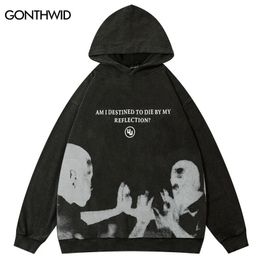 Hoodies voor heren Hip Hop Oversize Sweatshirt met capuchon Heren Street chic Gezicht Ghost Shadow Grafisch Harajuku Retro gewassen zwarte trui met capuchon Y2K 231206