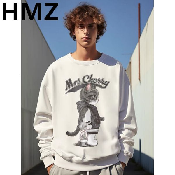 Sweats à capuche pour hommes Sweatshirts HMZ Cat Print Hommes Manches longues Kawaii Dessins animés Pulls Mode Casual Simple Oneck Vêtements Mâle Sweat 230826