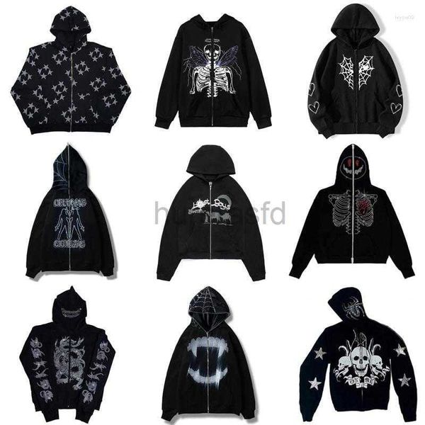 Sudaderas con capucha para hombre Sudaderas con capucha Diamantes de imitación negros Estrella esqueleto Anime Sudaderas Y2k Sudadera con capucha con cremallera Chaquetas góticas de gran tamaño Moda americana -sell 2436