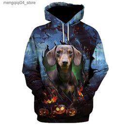 Sweats à capuche pour hommes Sweatshirts HX Halloween Teckel 3D Graphic Tear The Night Sweat à capuche Casual Hommes Vêtements Animaux Animaux Poche Pulls Tops Q240322