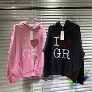 Sweats à capuche pour hommes Sweatshirts incrustés de diamants lavés GRAILZ jet d'encre perforé I Love GR sweat à capuche hommes femmes Vintage endommagé noir rose pull à capuche T231019