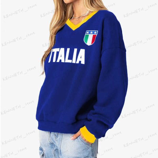 Sweats à capuche pour hommes Sweatshirts ITALIA Motif de broderie Col en V Pull à manches longues Sweat à capuche surdimensionné Sweat-shirt Y2k Goth Harajuku Bleu Femmes Veste Streetwear T240126