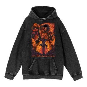 Sudaderas con capucha para hombre Anime japonés Attack on Titan Washed Hoodies Harajuku Vintage Sudaderas Streetwear Pullover Shingeki No Kyojin Sudadera con capucha de algodón x0720