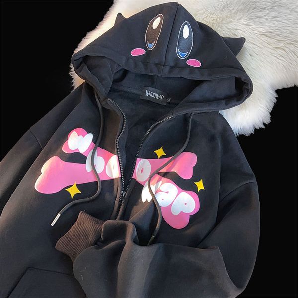 Sudaderas con capucha para hombre Kawaii Pink Cartoon Y2K Imprimir Sudaderas con capucha Chaqueta con cremallera de gran tamaño Espesar Invierno Suelta Sudadera informal Harajuku Estudiantes Parejas 230803